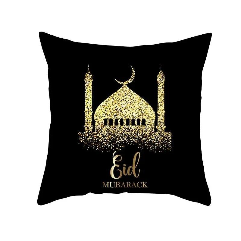 Golden Ramadan Eid Mubarak Moon Mosque Decorative Cushion Cover Islamic Pillow Cover for Sofa Home Car Decoration
