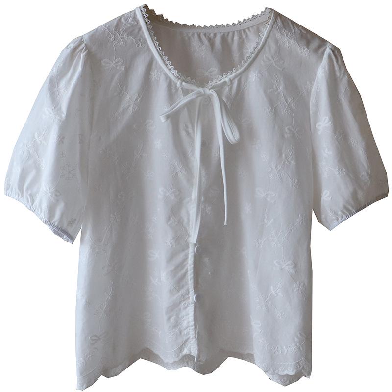 Korean Lace Jacquard Tie-Up Bubble Sleeve Women's Shirt - Summer 2025 Collection