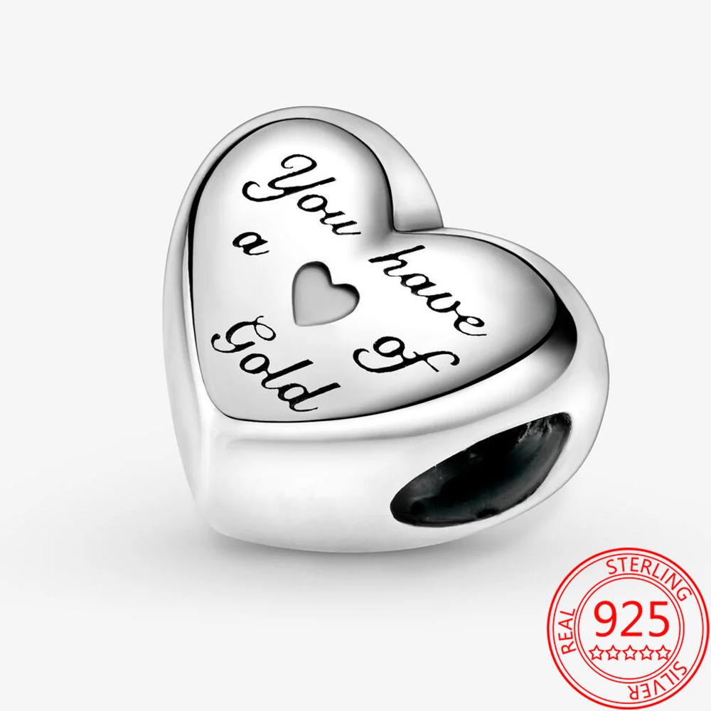 Authentic 925 Sterling Silver Dome Gold Heart Pendant Charm Fit Original Fashion 3mm Bracelet Diy Beaded Jewelry Gift Making