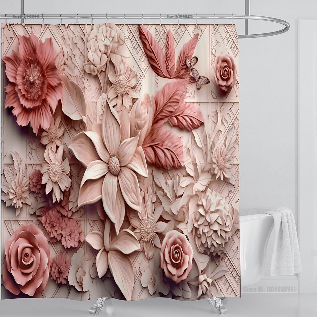 3D Stereo Beautiful Flower Printing Bathroom Curtain Waterproof Polyester Shower Curtain Home Decoration Curtain with Hooks