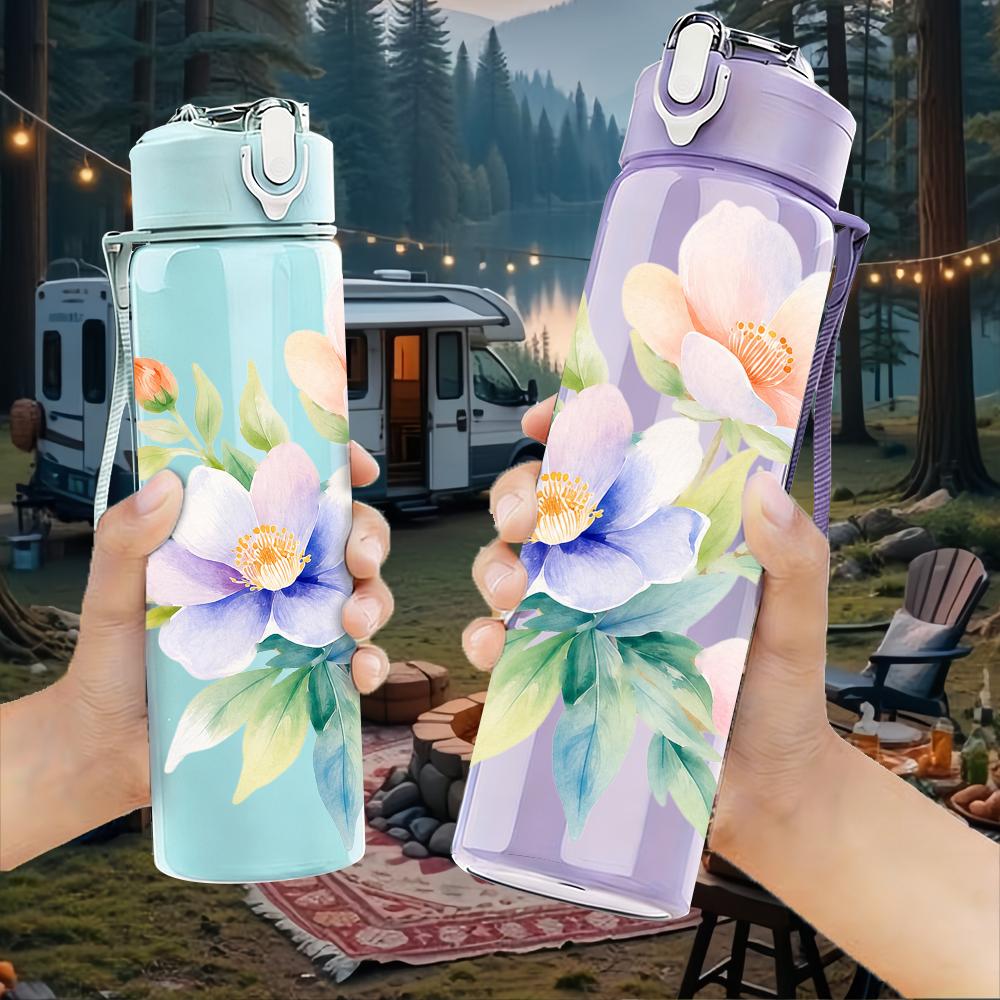 1PC Pastel Watercolor Floral Graphic,750ml Color Plastic Sports Water Bottle,Leakproof Flip Straw Lid,Suitable for Sports Office Home Use