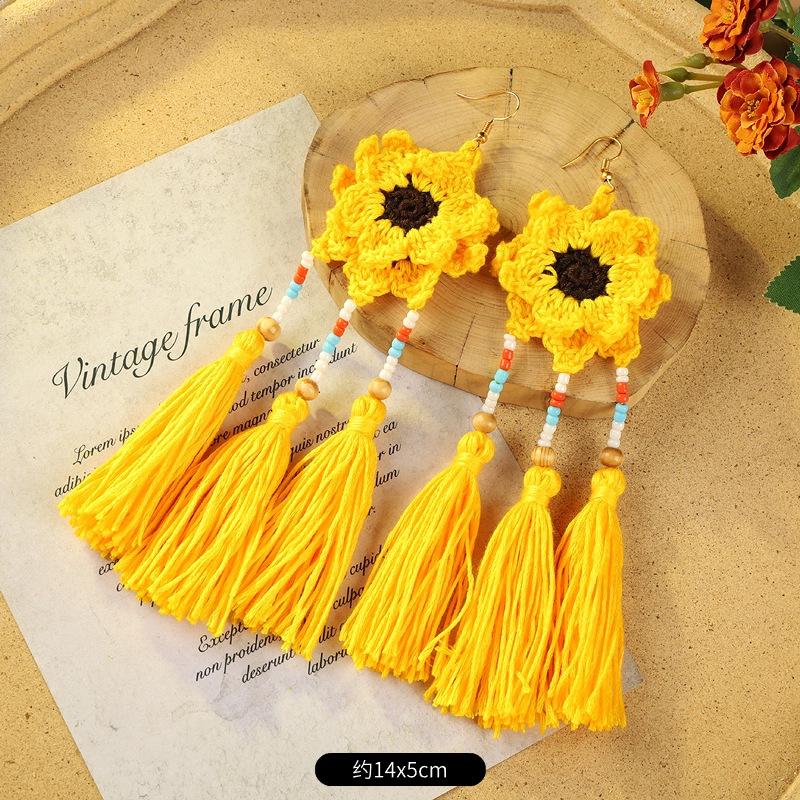 Bohemian retro earrings vacation long contrasting tassel personality temperament earrings women