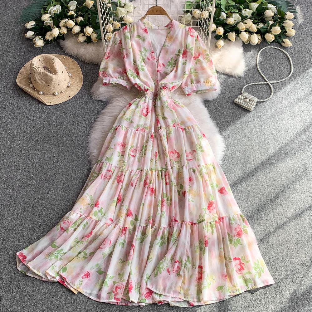 French Retro Coffee Break Floral V-neck Dress Women's Summer Elastic Waist Thin Ruffle Edge Big Swing Long Skirt
