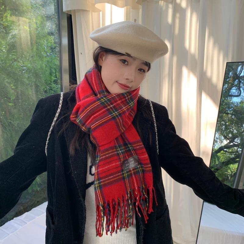Red Scarf for Women In Winter Korean Style Plaid Versatile Warm High End Trendy New Year Gift Christmas Scarf Shawl