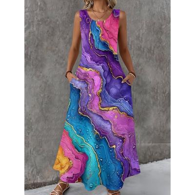 Rochie de damă fără mâneci, cu gât rotund și imprimeu 3D, rochie lungă maxi pentru vară, vacanță la plajă, ținute casual
