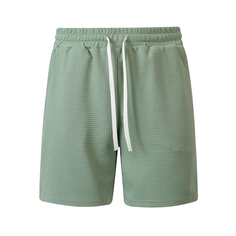 Mens Solid Color Waffle Drawstring Pockets Casual Straight Summer Shorts