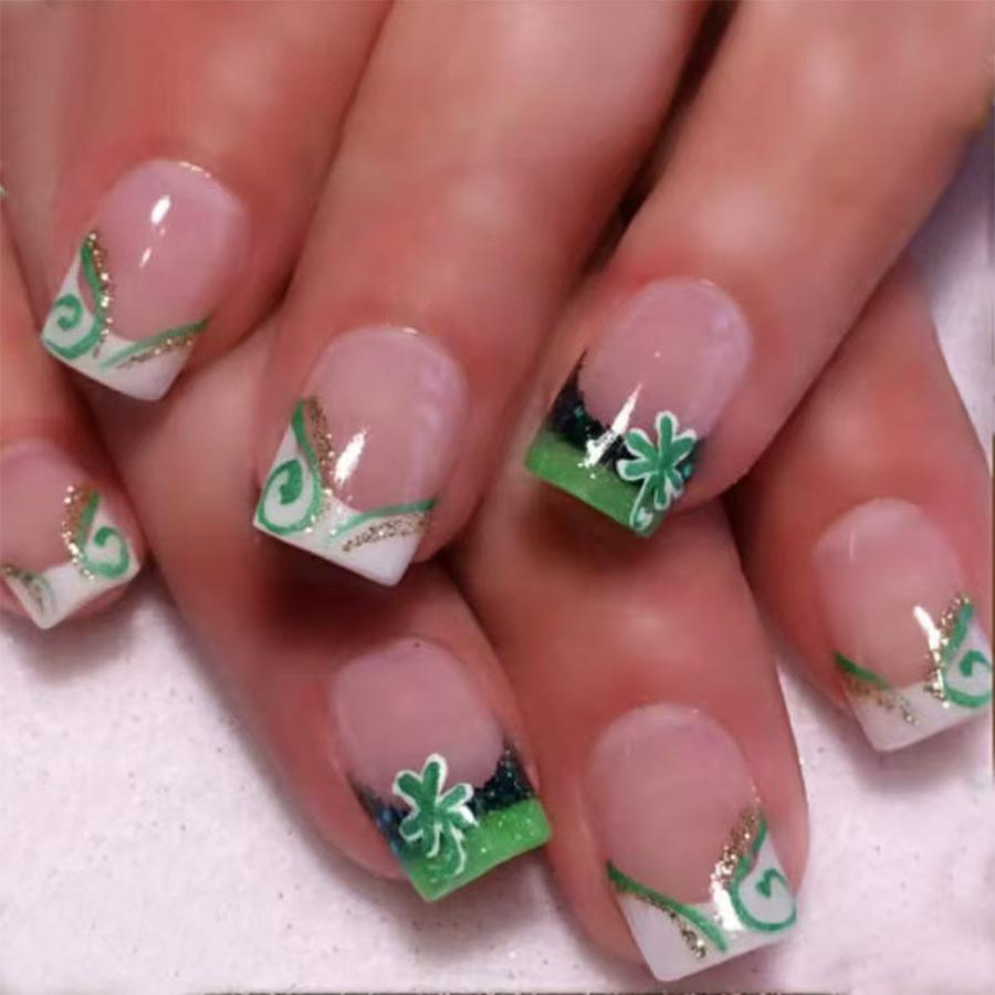 

24-Piece St. Patrick s Day Green Glitter Four-Leaf Clover Press-On Nails