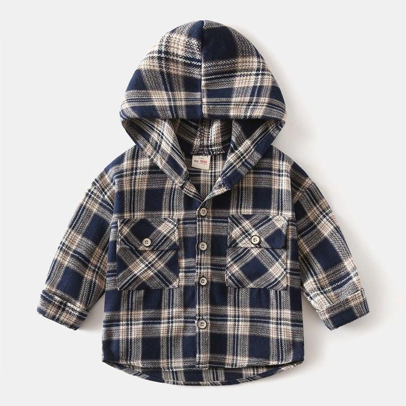 Children s Plaid Shirt Spring and Autumn Children s Clothing Boys  Thickened Brushed Hooded Shirt Baby Long-Sleeved Cardigan Jacket Navy Blue Plaid 130 cm