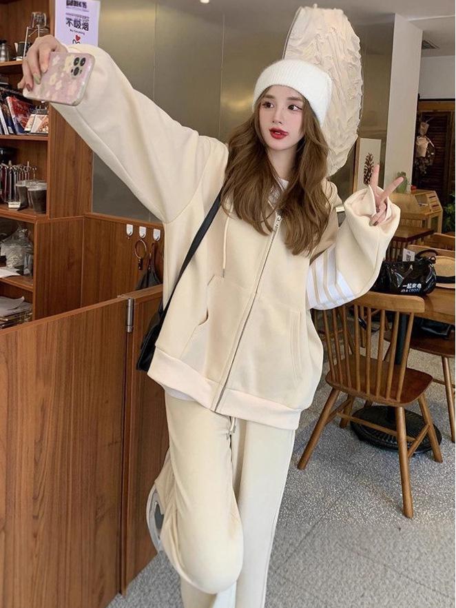 Korean Style Women's Tracksuit Set - Loose Zipper Hoodie Casual Fashion for Autumn/Spring