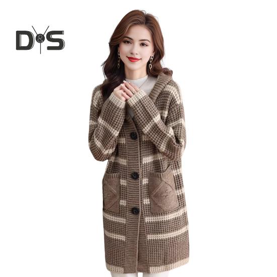 

Женское вязаное пальто с капюшоном, длинными рукавами, полосатым принтом, свитером, пальто с карманами, свободного кроя, осень-зима, повседневная вязаная верхняя одежда хаки