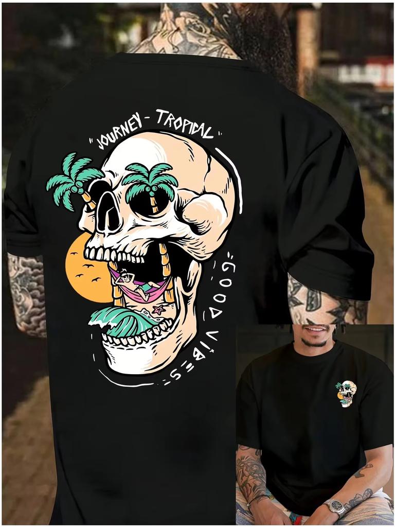 Best 2026 New Sale Unisexs Cotton Tshirt With Tropical Skull Print Casual Sporty Summer Tshirt Suitable For Outdor