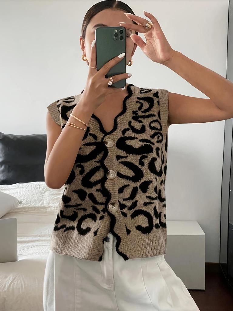 Dámská pletená vesta s výstřihem do V a jednořadým zapínáním - Volný, všestranný svetr bez rukávů na podzim/zimu