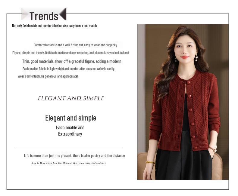 Damski dzianinowy kardigan z rombami i warkoczem – Wiosna/Jesień, Okrągły dekolt, Jednolity kolor, Luźny krój, Długi rękaw, Sweter płaszcz.