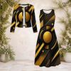 Women Plus Size Two Piece Dress Set Round Neck Long Sleeve Printed Dark Green Black With Pockets