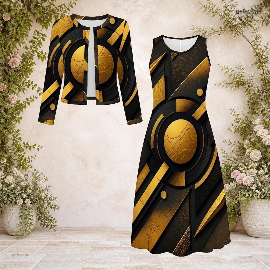 Women Plus Size Two Piece Dress Set Round Neck Long Sleeve Printed Dark Green Black With Pockets