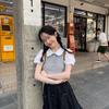 Women's Gray Peter Pan Collar Knit Top – Short-Sleeve, Summer, Fashionable Two-Piece Design
