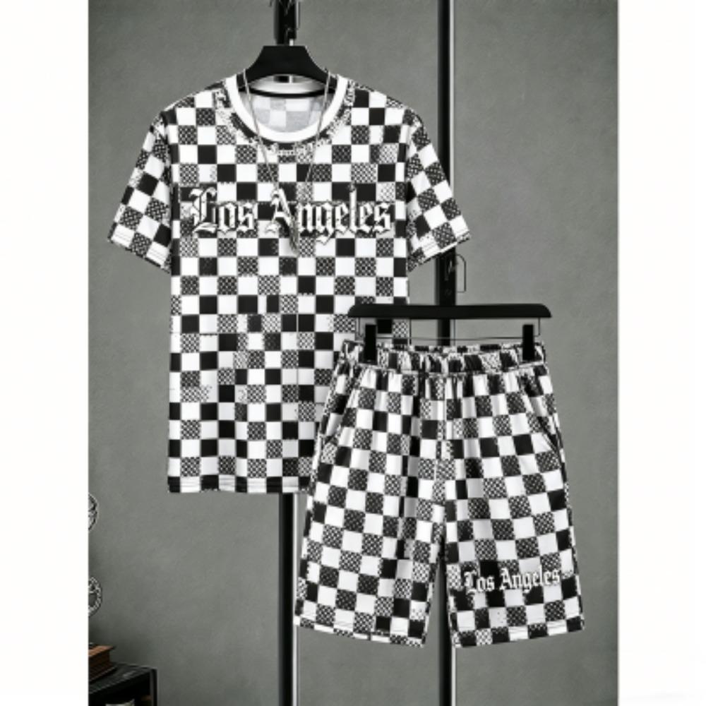 Fashion Men's Set Letter Striped Grid Printed Men's T-shirt and Shorts 2 Piece Set Summer Casual Outdoor Men's and Women's T-shirt Sets