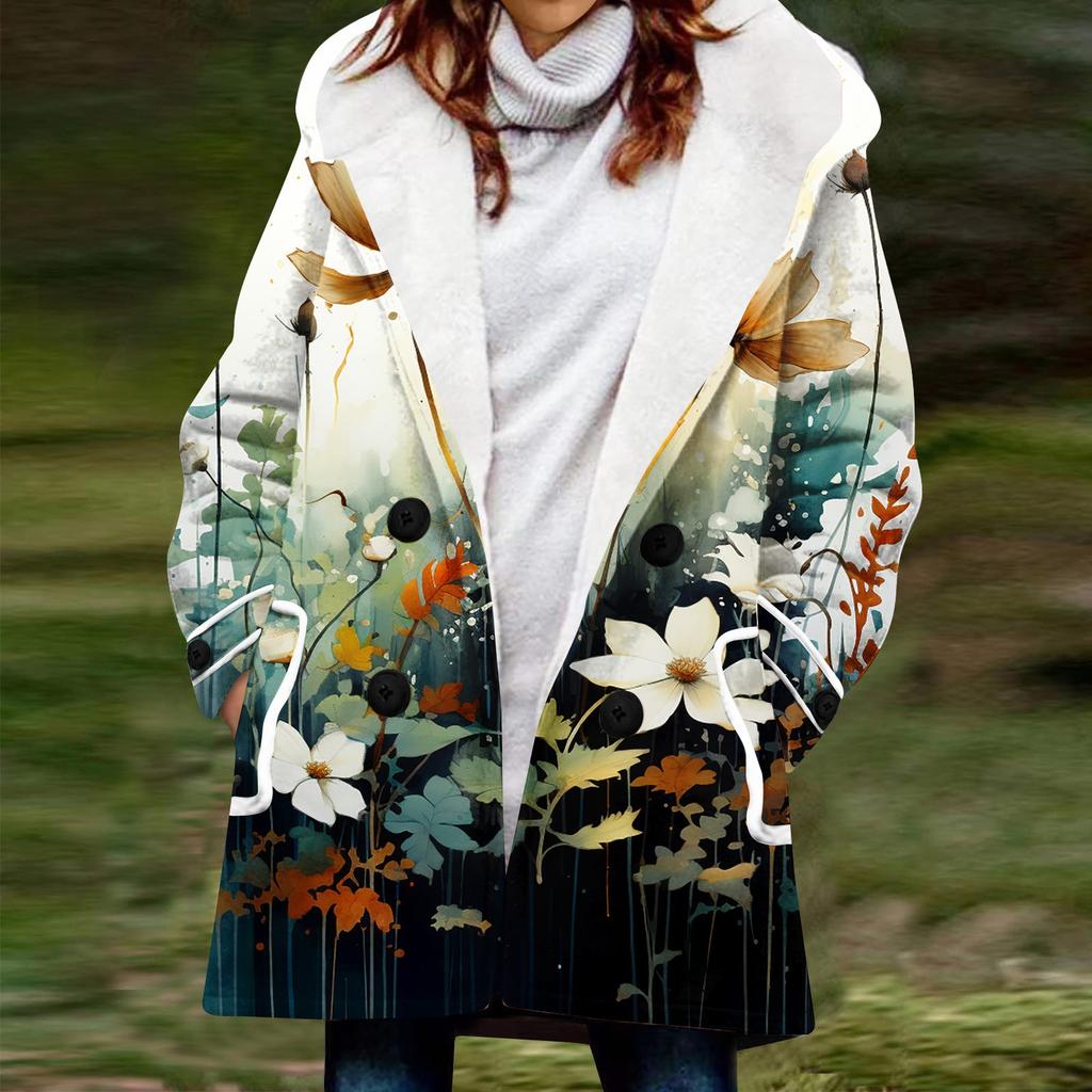 Dámský zimní kabát Teplá střapatá bunda s kapucí a knoflíkem