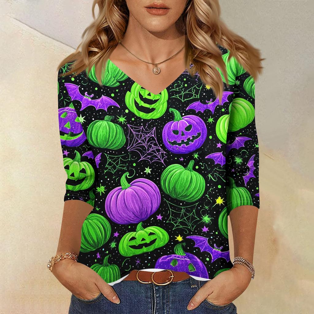 Damen Freizeit Halloween Aufdruck V-Ausschnitt Dreiviertelarm Oberteil Leichtes Weiches Gewebe Herbsthemd für den Alltag