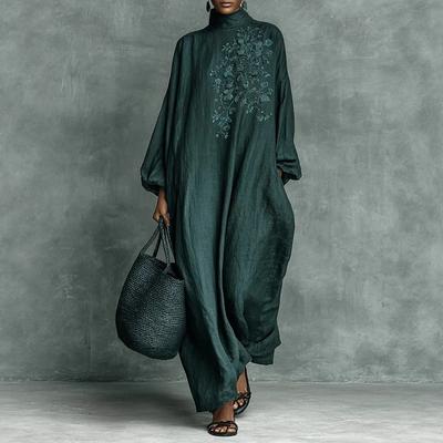 Damen Rollkragen Langarm Besticktes Leinenmischung Maxikleid Lockere Passform Lässiges Abaya-Stil Kleid