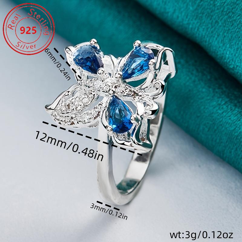 Pure silver hollow blue butterfly synthetic zircon ring, luxurious classic fashion design, perfect for daily wear and parties