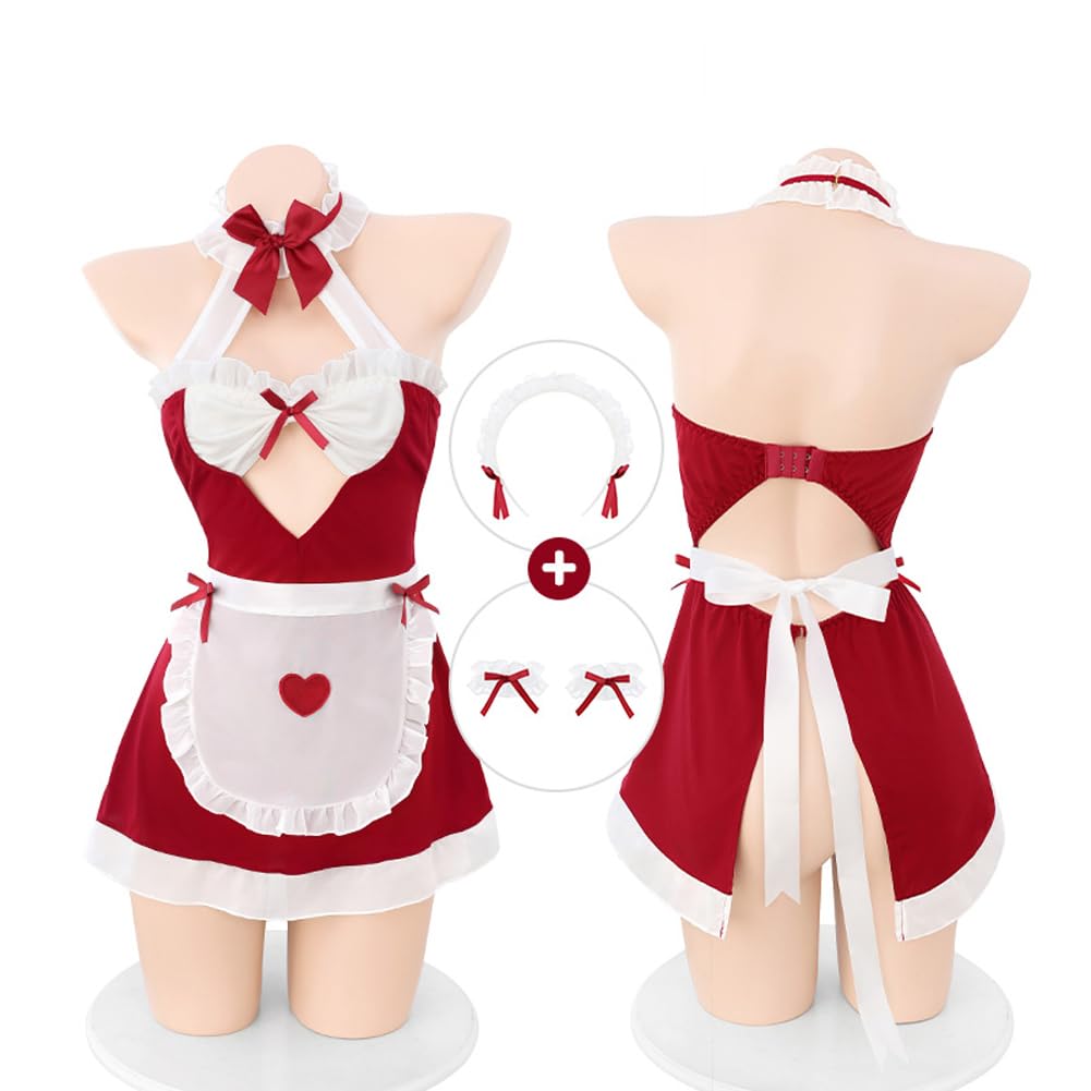 Baioretto Sexy Maid Cosplay White and Red Ribbon Mini Cute Maid Cosplay Tube Bold and Seductive for Women and Costume White One Size Fits All Costume,