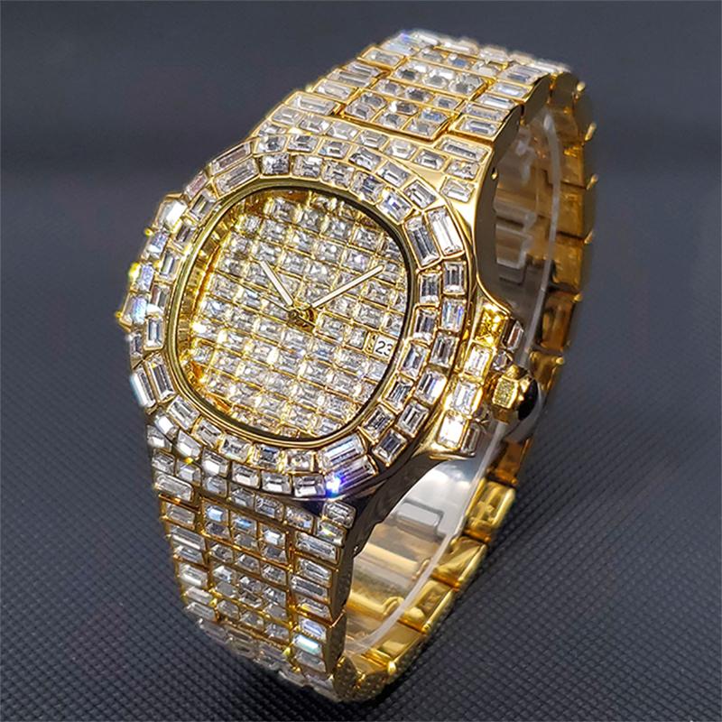 Luxury 18K Gold Men's Watches Hip Hop Style Full Diamond Quartz Wristwatch Punk Ice Out Jewelry Bracelet Clock Relgio masculino