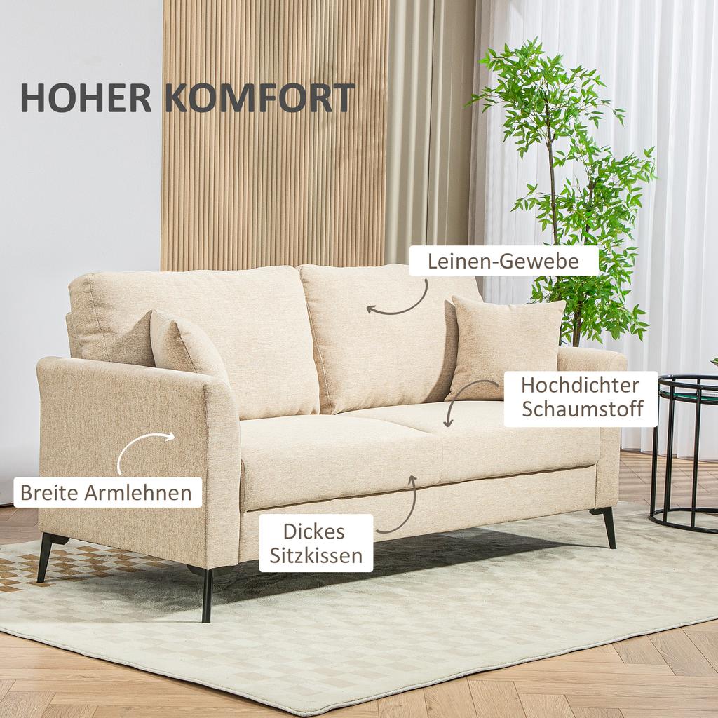 2-Seater Sofa with Linen Look, Thick Padding, Up To 360 Kg, 179 X 80 X 89 Cm, Beige