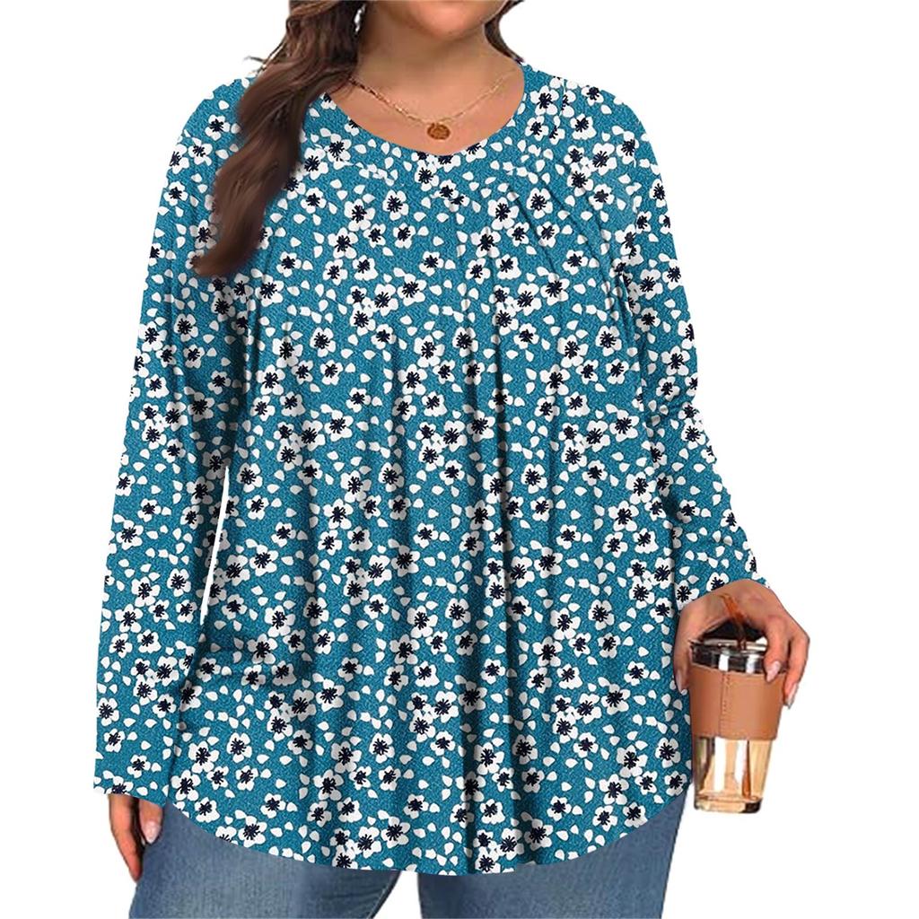 Dámská móda plus size Tištěný ležérní plisovaný top s kulatým výstřihem a dlouhým rukávem
