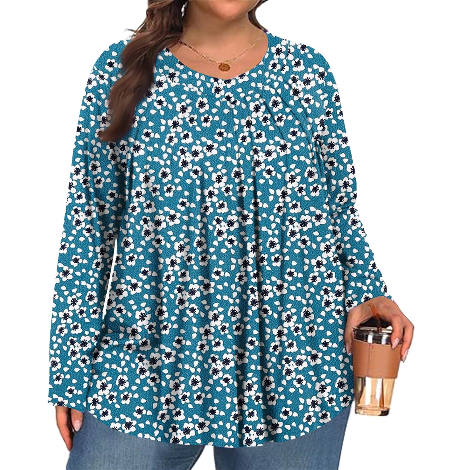 

Женский модный топ большого размера с принтом, повседневный плиссированный, с круглым вырезом и длинными рукавами XL