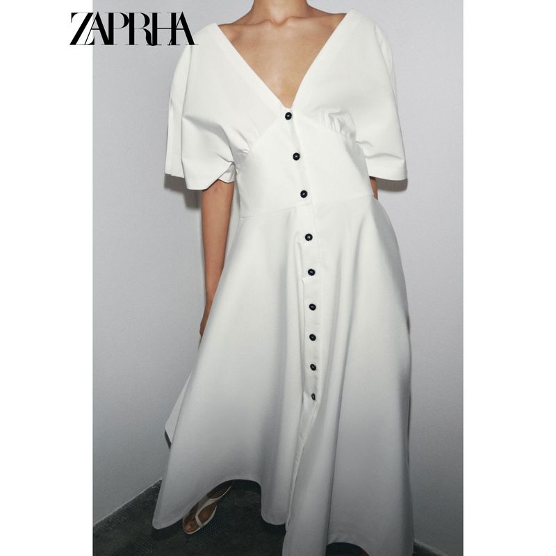 Zaprha 2025 Summer New Minimalist Style Button Decoration A- line Hem V-neck Midi Dress 3242512