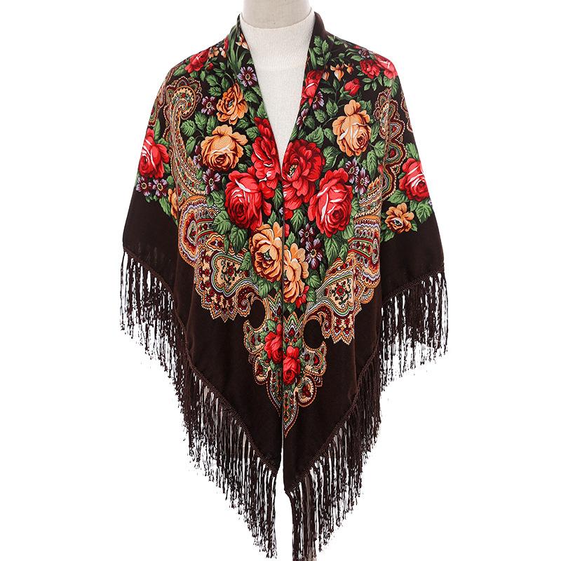 130*130Cm  National Square Scarves Women'S Luxury Peony Flower Print Fringed Shawl Handkerchief Cotton Head Wraps
