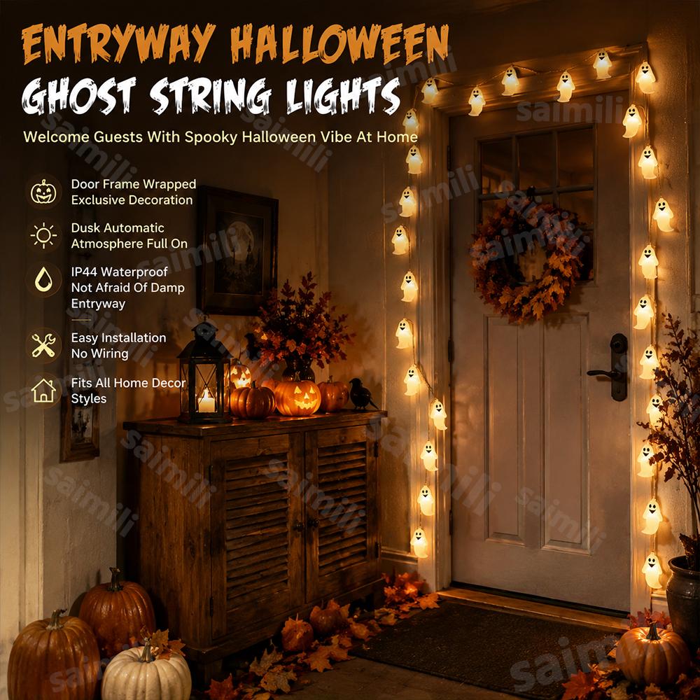 Battery Operated Halloween Ghost String Lights LED Hanging Decorative Lamp for Indoor Outdoor Yard Party Haunted House Bar Holiday Atmosphere