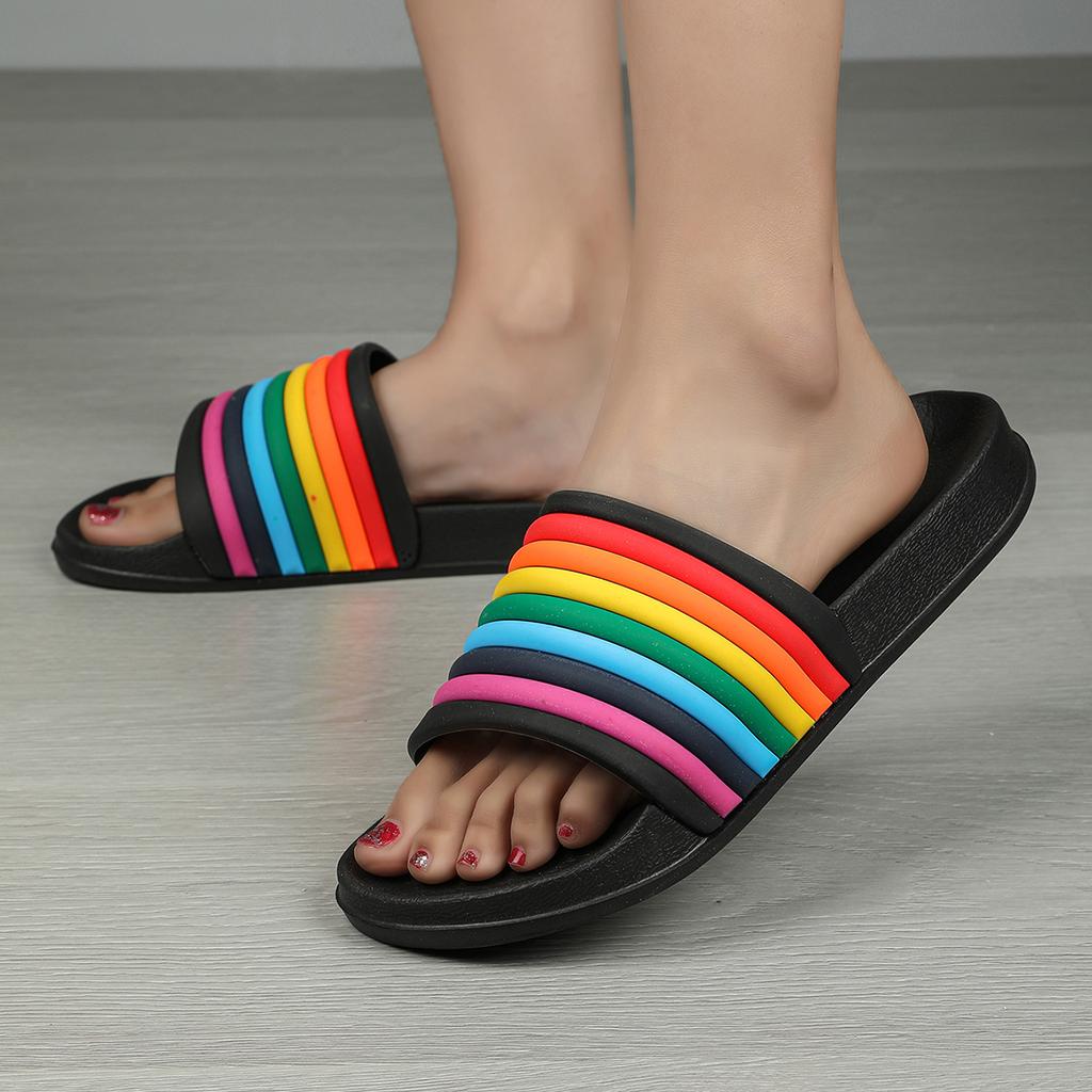 Women Rainbow Thick Sole Summer Beach Slides Bathroom Anti-Slip Slipper Soft Sandals Fashion Flip-Flops Ultra-Light Letter Shoe