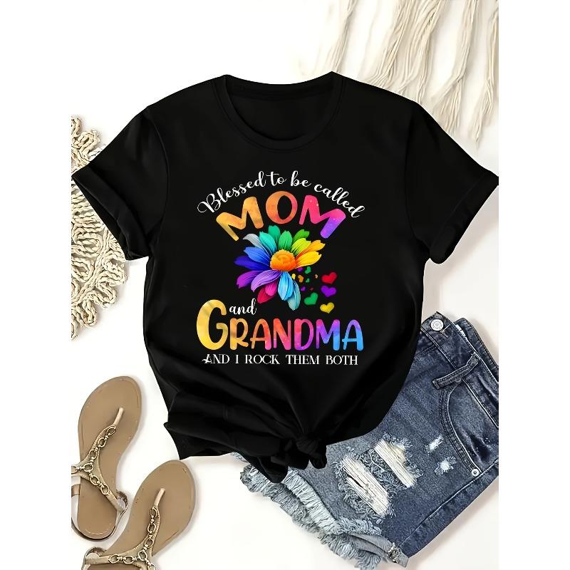 Womens Plus Size Blessed To Be Called Mom and Grandma Graphic T Shirt Colorful Floral Heart S