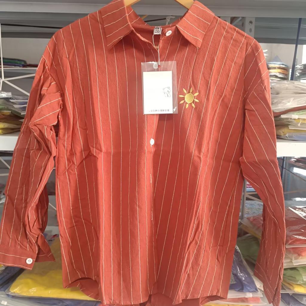 Orange&red Casual Cotton Long Sleeve Shirt Women Lapel Button Up Embroidery Sun Striped Shirts