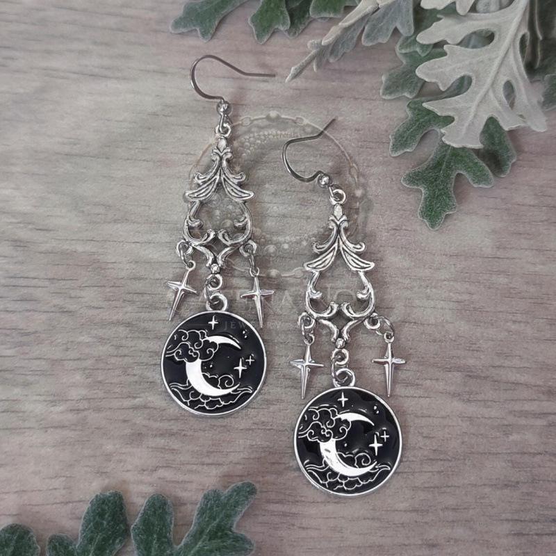 Moon Phase Crescent Star Earrings - Celestial Gothic Witchcraft Style