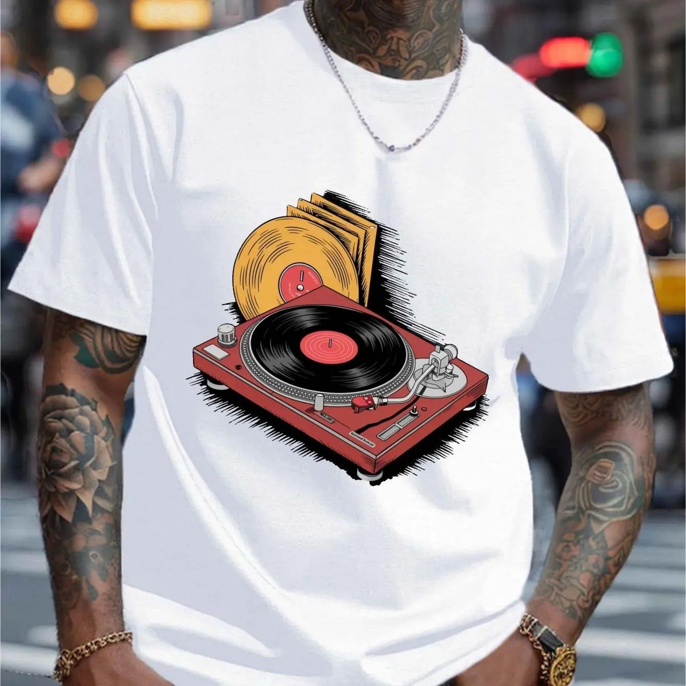 

Vintage Turntable Vinyl Record Print tshirt Music lover Men s summer short-sleeved round-neck T-shirt 100% cotton - Men s Sum... S разноцветный