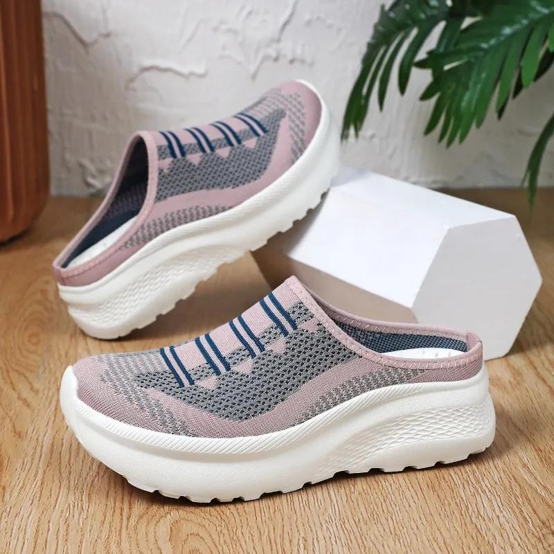 Knitted Mesh Walking Shoes Women Fashion Thick Sole Slippers Lightweight Soft Casual Footwear for Traveling Height-increasing