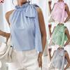 Sleeveless Striped Stand-collar Lace-up Ruffled Bow Strappy Top for Women