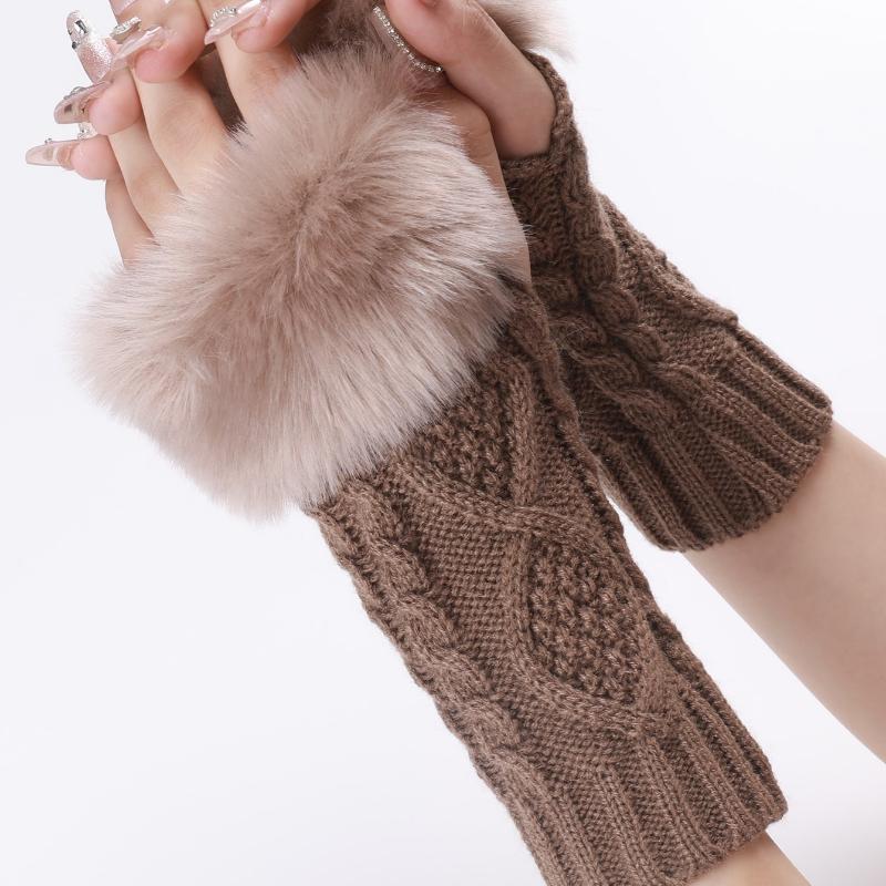 1pair Women's Coffee Colored Short Knitted Gloves with Exposed Fingertips, Winter Warm and Stylish