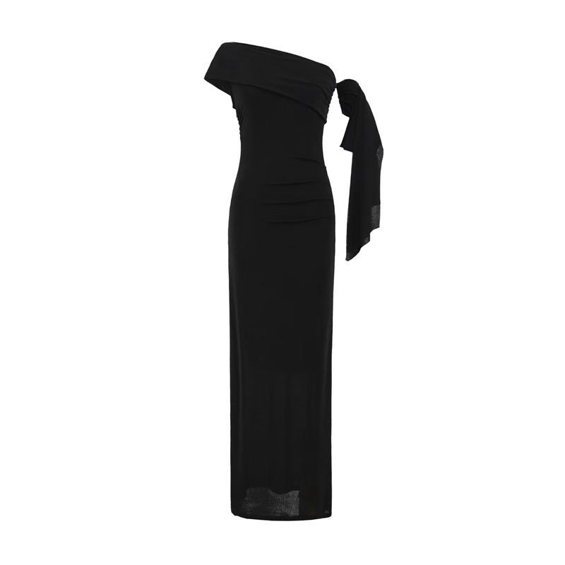 

Elegant One-Shoulder Tie-Up Waist Midi Bodycon Dress Medium