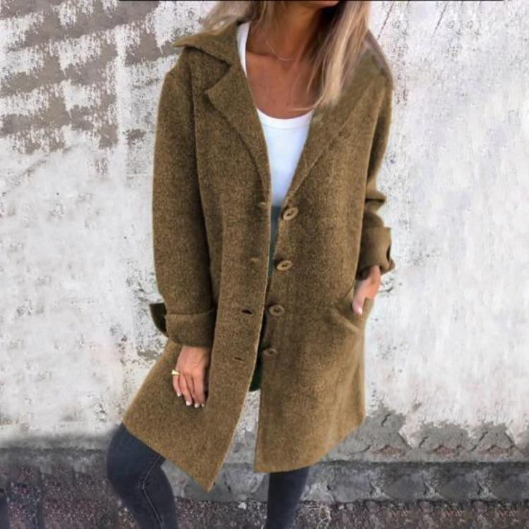 Winter Women Wool Coat Mid Length Overcoat Loose Turn Down Collar Single Breasted Long Sleeves Solid Color Pockets Jacket for Commuting Dating