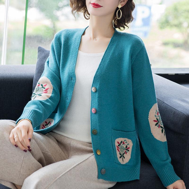 Spring Autumn Women's Knitted Cardigan Sweater Short Loose Thin V-Neck Knit Sweater Long Sleeve Printed Knitted Jacket Outwear