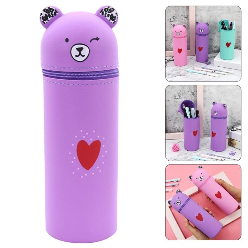 Cartoon Bear Pen Bag Large Compartment Zippered Silicone Pencil Case Standing Up Pen Holder Pencil Bag Gift for Student