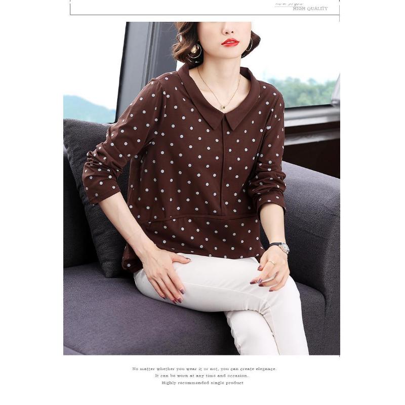 Autumn Pure Cotton Long-sleeved T-shirt for Middle-aged Mothers  Polka-dot Doll Collar Top Loose Bottoming Shirt