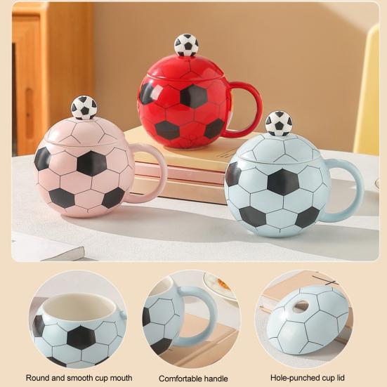 Soccer Ceramic Mug, 400ml Football Shaped Cup with Lid, Black White Hexagon Sports Drinkware for Home Office, Fan Gifts