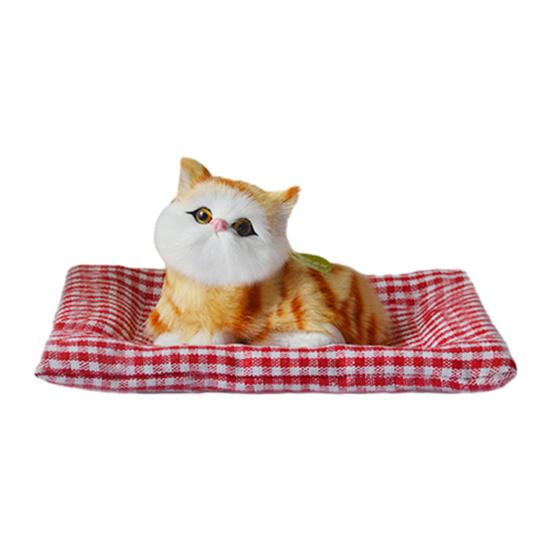 Simulated Cat Toy with Cloth Mat Lifelike Meowing Plush Kitten Model Stuffed Animal Doll Home Office Desktop Decoration Ornament