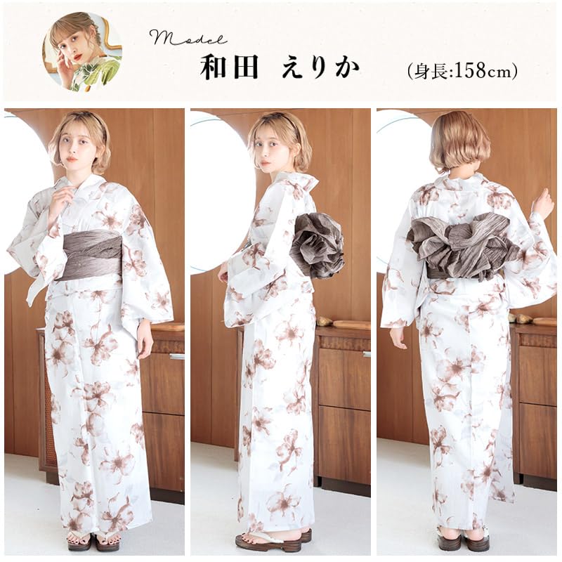 Yukata Light Transparent Floral Easy To Wear by One Person Kyoto Classic FREE (Dita) Women's 5-Piece Set Blue, Blue, Brown, White, Watercolor,