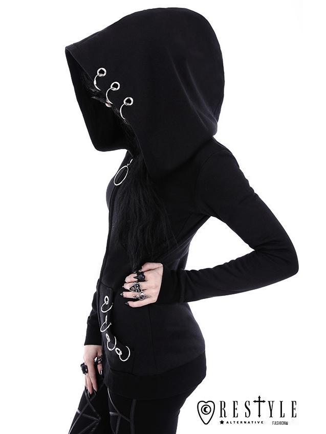 2017 European & American Black Crane Long-Sleeve Loose Fit Hooded Sweatshirt with Iron Ring Detailing